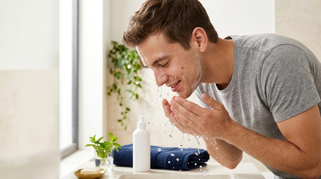 Young man splashing water on his face over a bathroom sink with a plain cleanser bottle and navy towel