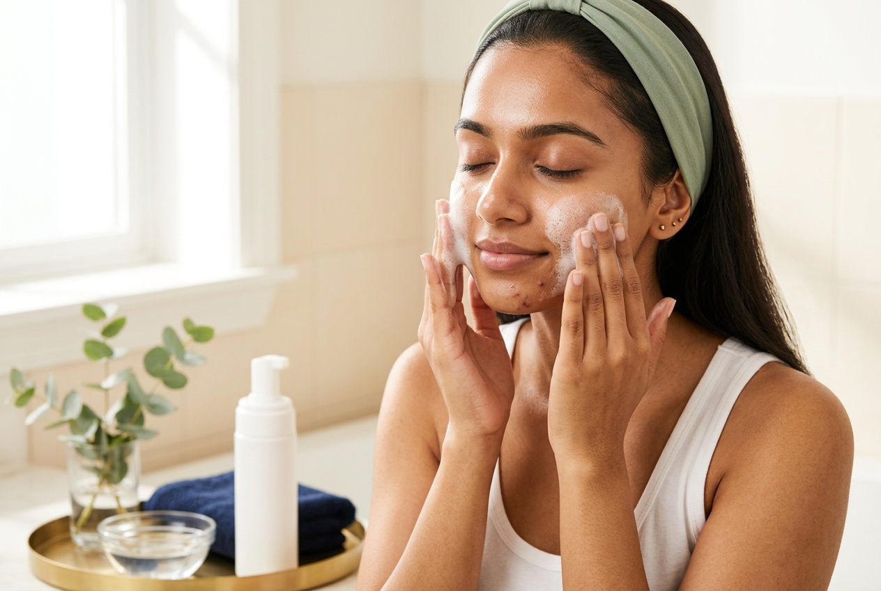 Young woman with a sage headband gently massaging light cleanser foam into her cheeks
