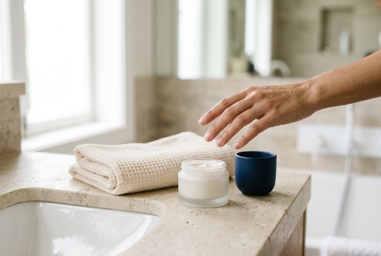 Hand with water droplets reaching for an open jar of moisturizer on a bathroom counter