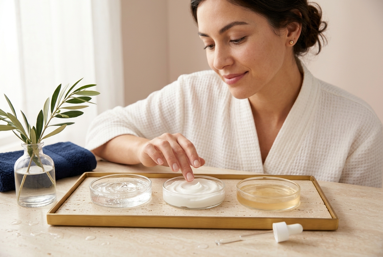 Woman in a white robe touching a thick white cream in one of three glass dishes of gel, cream and balm on a gold tray