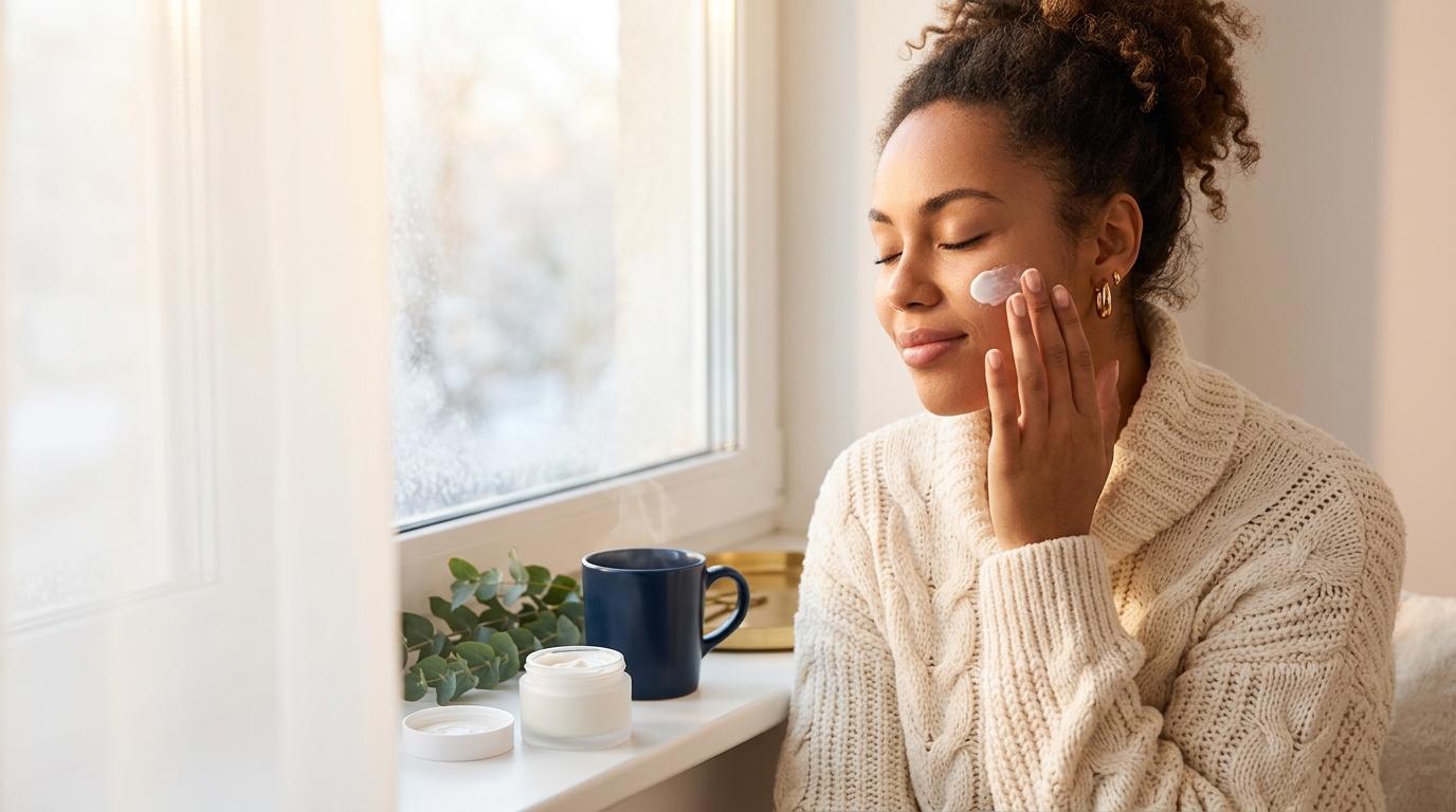 Woman in a cozy cream knit sweater applying moisturizer to her cheek by a frosty winter window
