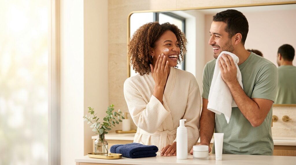 Laughing couple doing a simple morning skincare routine together at a bathroom vanity with three plain products