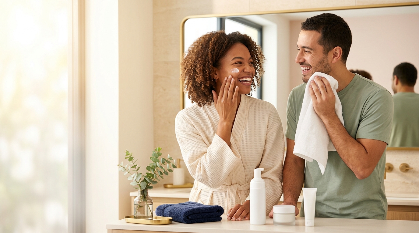 A Simple Skincare Routine for Beginners (Morning and Night) Laughing couple doing a simple morning skincare routine together at a bathroom vanity with three plain products