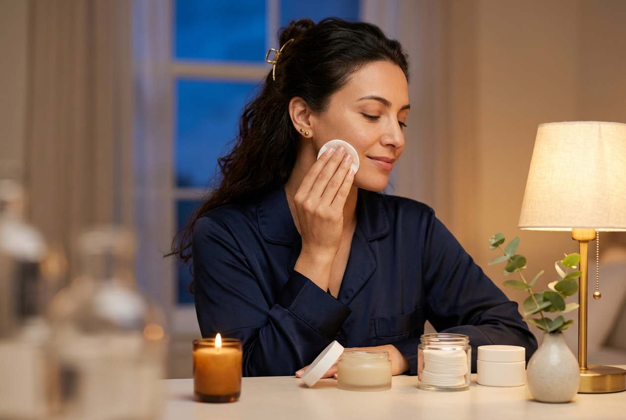 A Simple Skincare Routine for Beginners (Morning and Night) Woman in navy silk pajamas removing makeup with a cotton pad at a lamplit vanity in the evening
