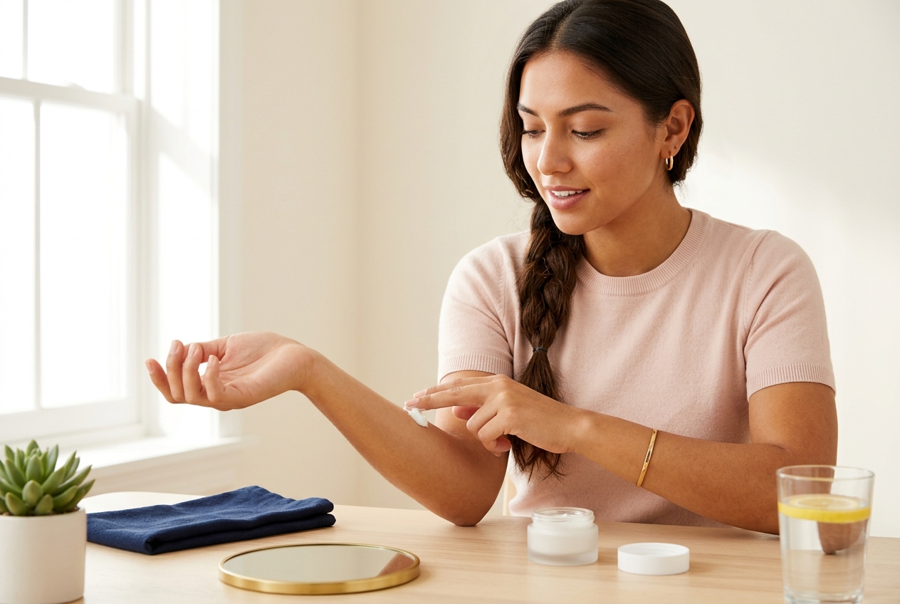 A Simple Skincare Routine for Beginners (Morning and Night) Young woman patch testing a new cream by dabbing a small amount on her inner forearm