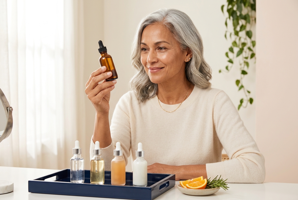 Smiling woman with silver hair holding up an amber serum bottle beside four serums of different colors on a navy tray