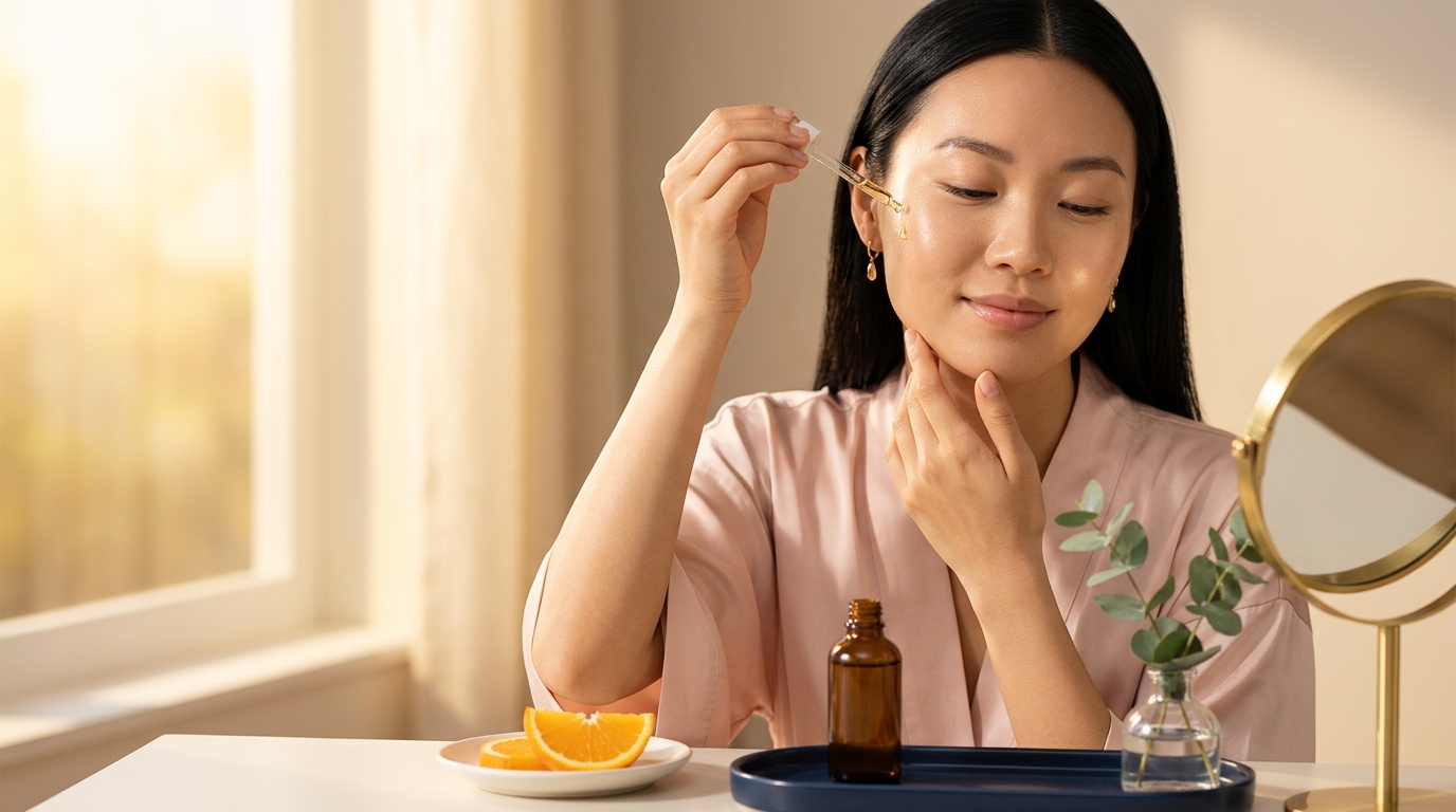 Woman in a blush silk robe applying a drop of serum to her cheekbone in golden morning light