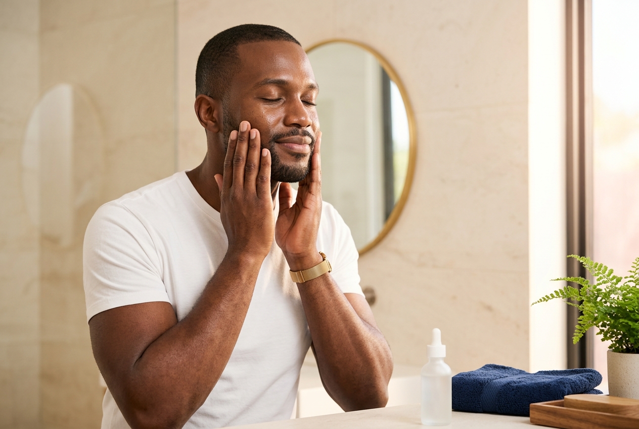 Man gently pressing serum into his cheeks in a bright bathroom