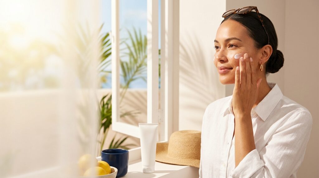 Woman in a white linen shirt applying sunscreen to her cheek by a sunny window with palm fronds