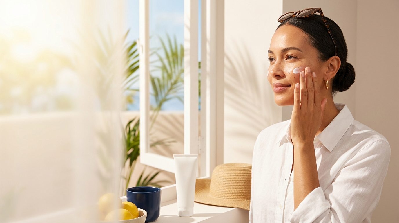 Woman in a white linen shirt applying sunscreen to her cheek by a sunny window with palm fronds