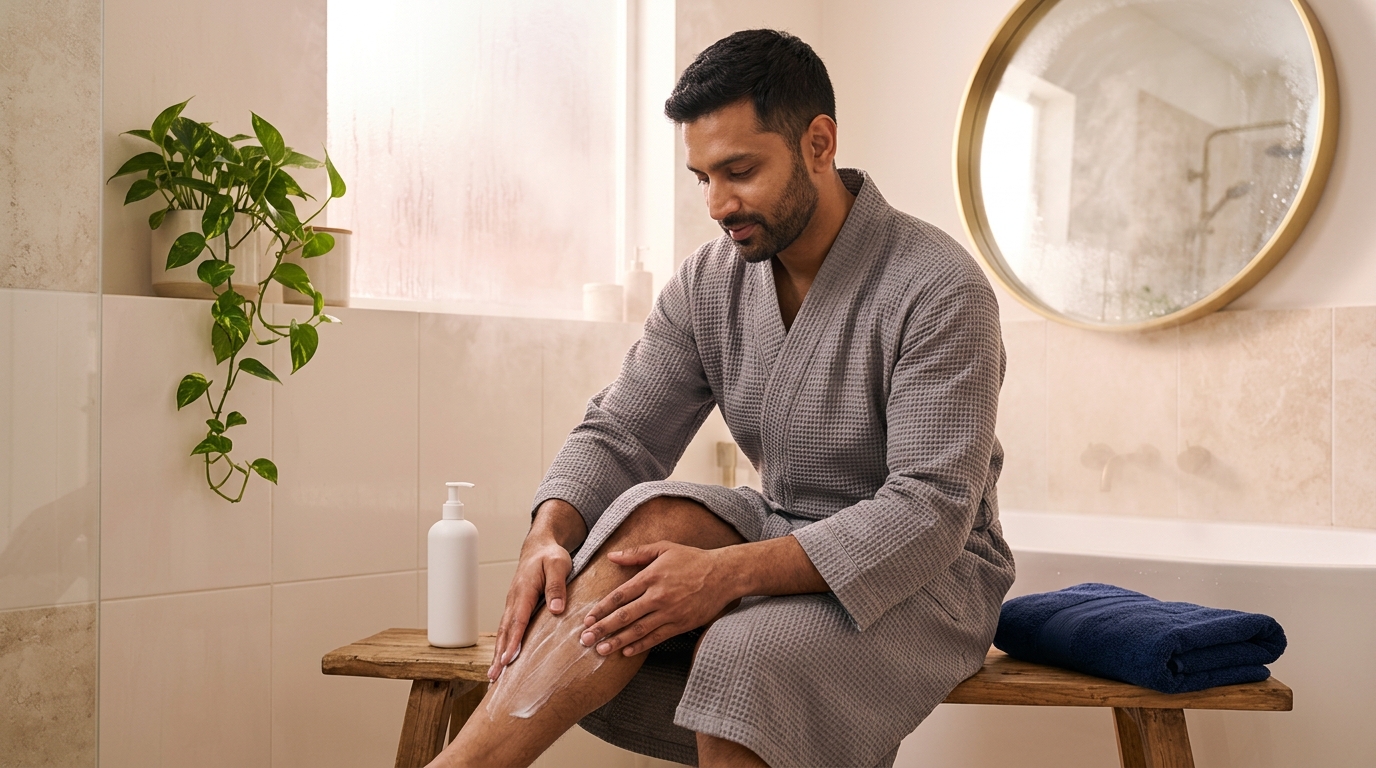 Man in a waffle robe rubbing lotion into his leg on a bathroom bench after a shower