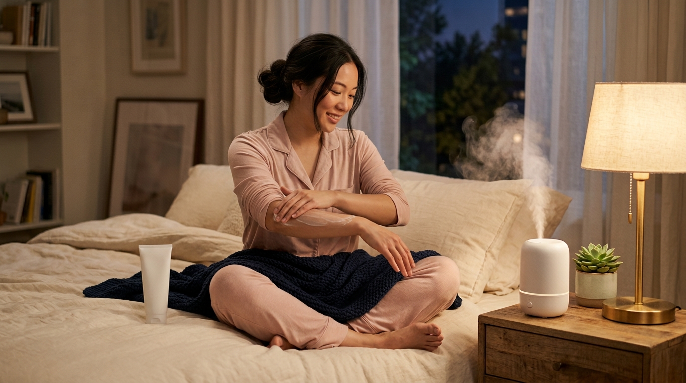 Woman in pajamas rubbing lotion into her elbow on her bed at night next to a misting humidifier