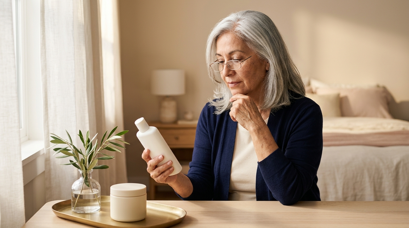 Woman with silver hair and reading glasses checking the back of a lotion bottle at her vanity