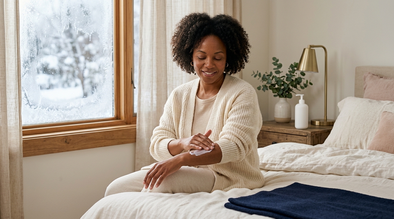 Woman in a cream knit cardigan smoothing body lotion onto her forearm by a frosty window