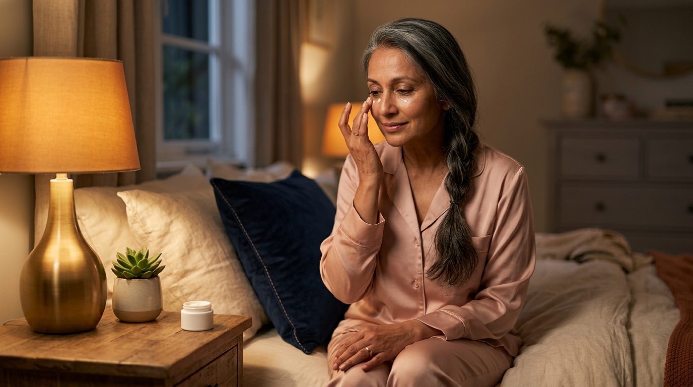 The 4 Best Eye Creams for Dark Circles and Puffiness Woman in satin pajamas tapping eye cream under her eye with her ring finger at bedtime