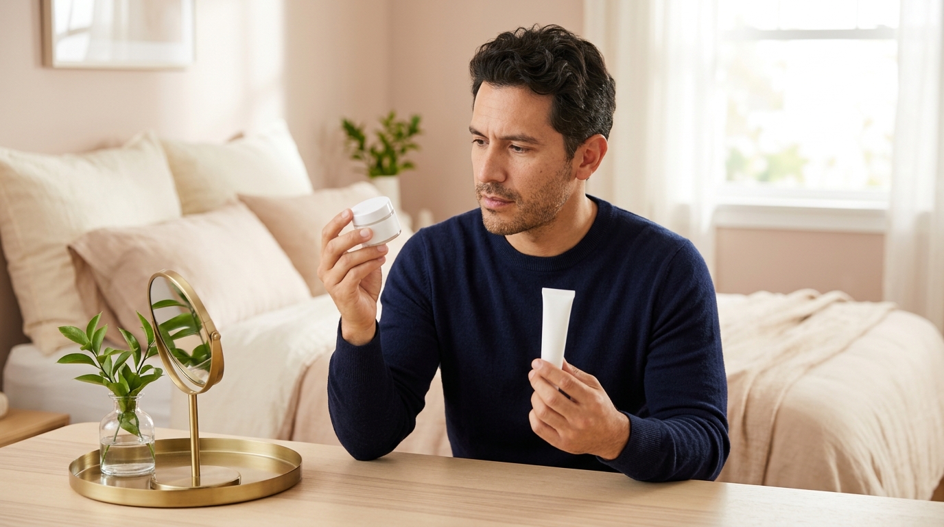 The 4 Best Eye Creams for Dark Circles and Puffiness Man in a navy sweater comparing a small eye cream jar and tube at his vanity