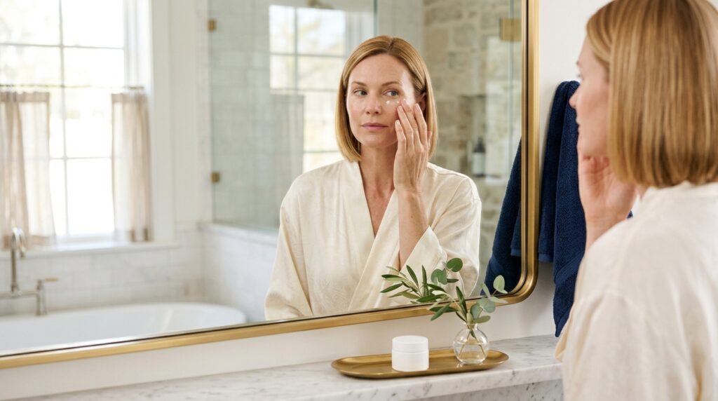 Woman in a cream robe patting eye cream under her eye at a bathroom mirror
