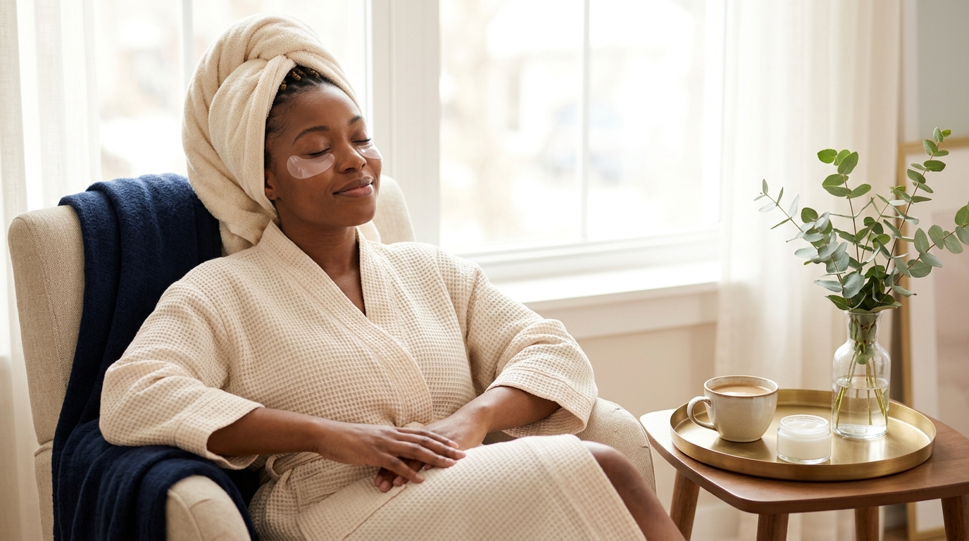 The 4 Best Eye Creams for Dark Circles and Puffiness Woman relaxing in an armchair with hydrogel patches under her eyes