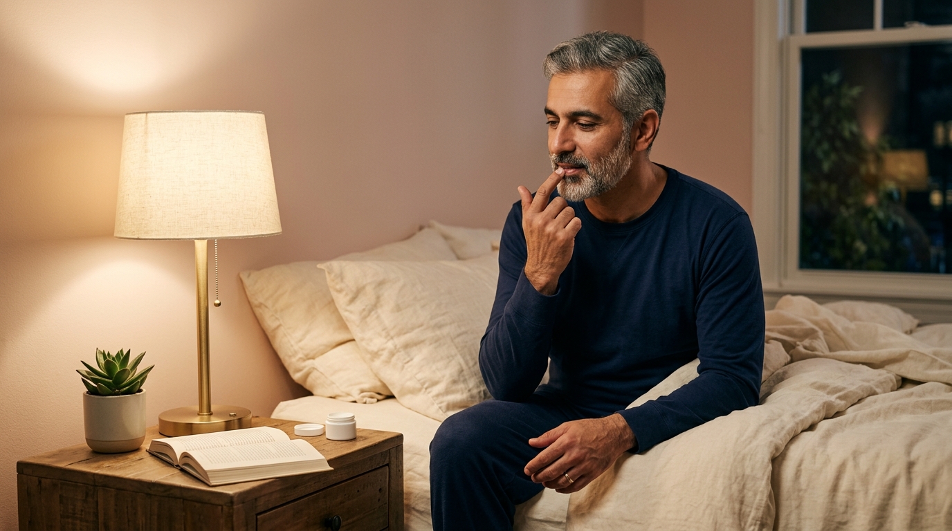 The 5 Best Lip Balms for Dry, Cracked Lips Man in navy pajamas applying lip balm on the edge of his bed at night