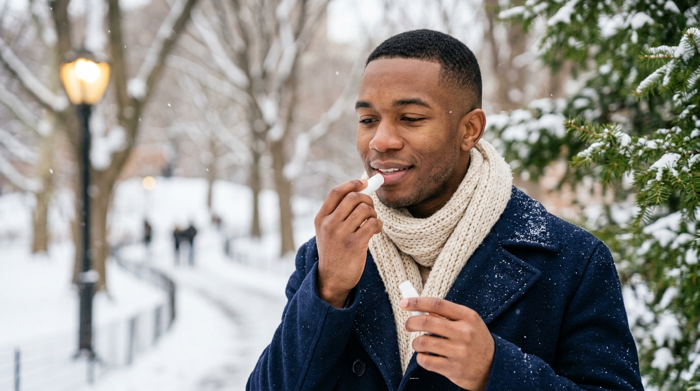 Man in a navy coat applying lip balm in a snowy park