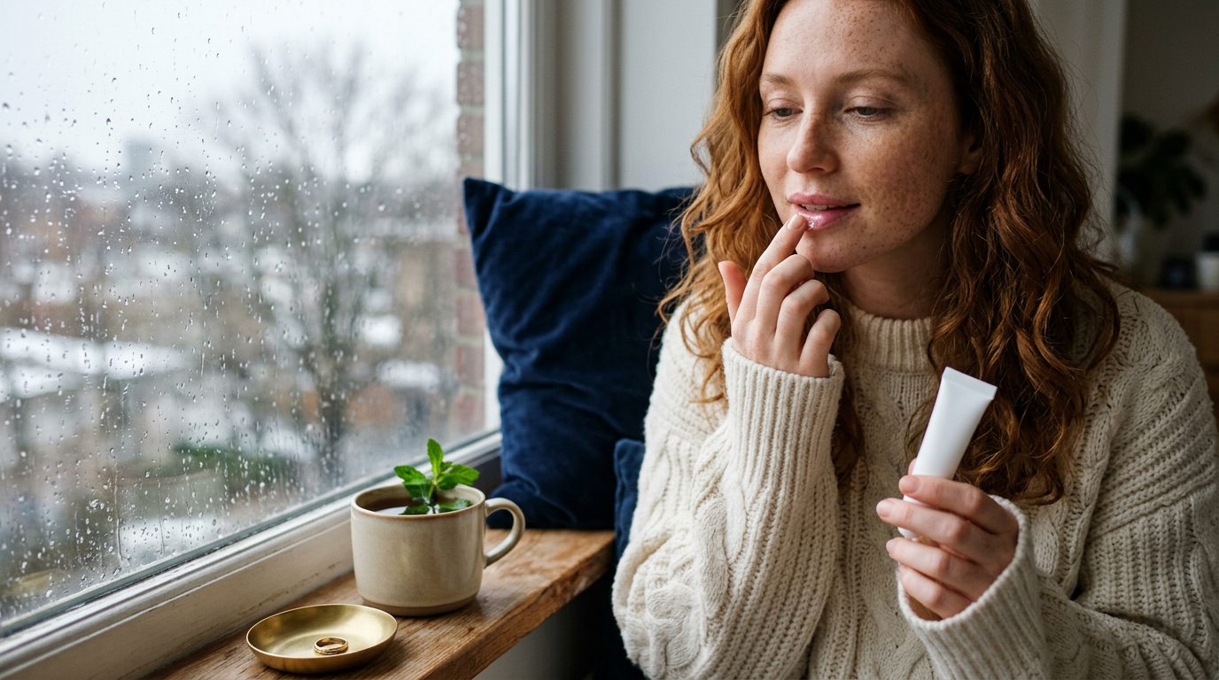 The 5 Best Lip Balms for Dry, Cracked Lips Woman in a cream sweater dabbing lip ointment onto her lip by a rainy window