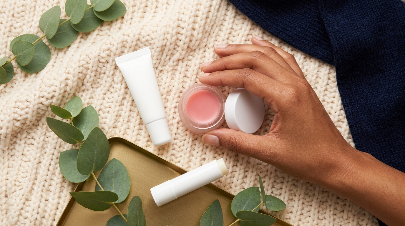 The 5 Best Lip Balms for Dry, Cracked Lips A lip tube, a pot of pink balm and a lip balm stick on a cream knit blanket with eucalyptus leaves