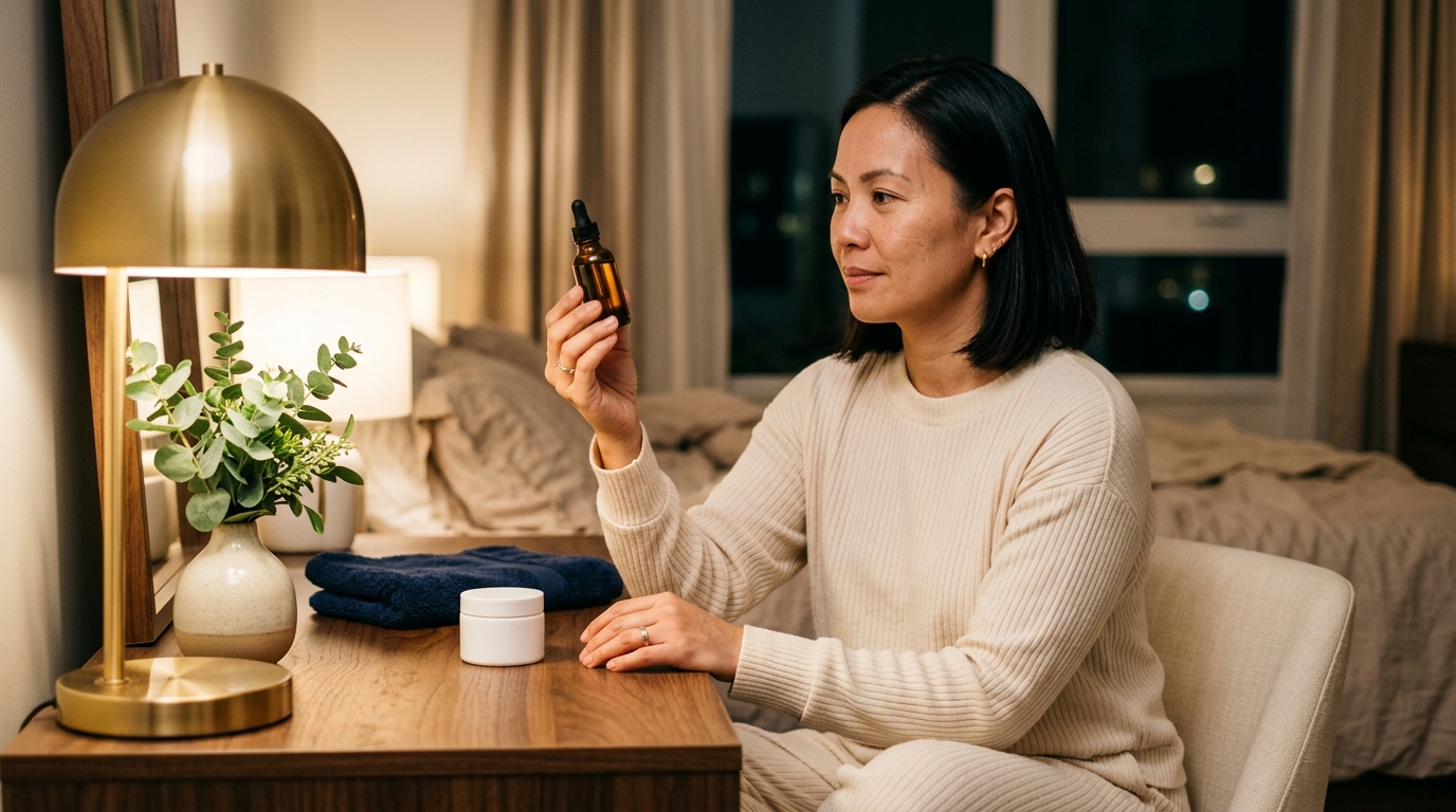 Woman at an evening vanity holding a small amber serum bottle