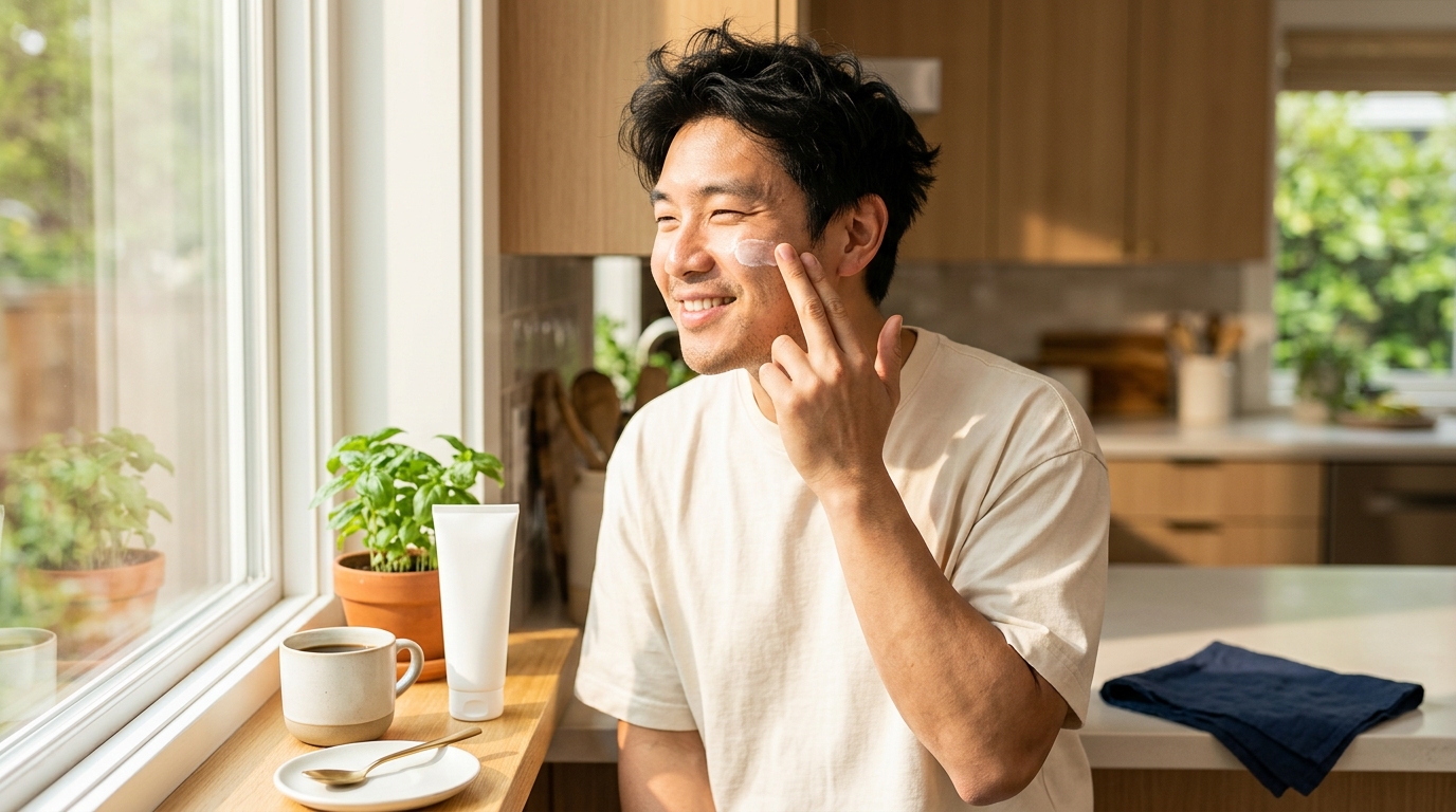 Man spreading sunscreen on his cheek by a sunny kitchen window