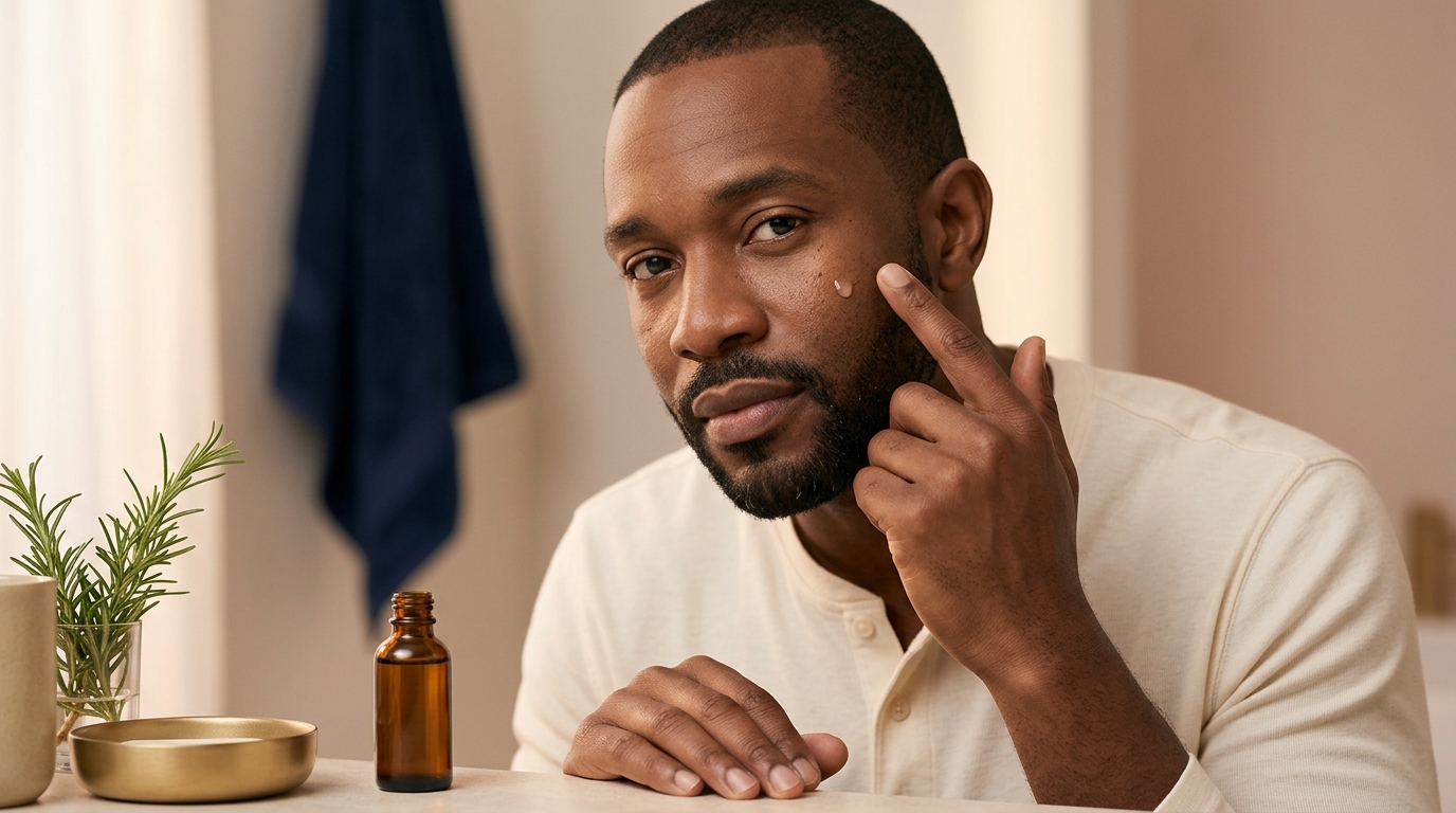 Man dotting a small drop of serum onto his cheek with one fingertip