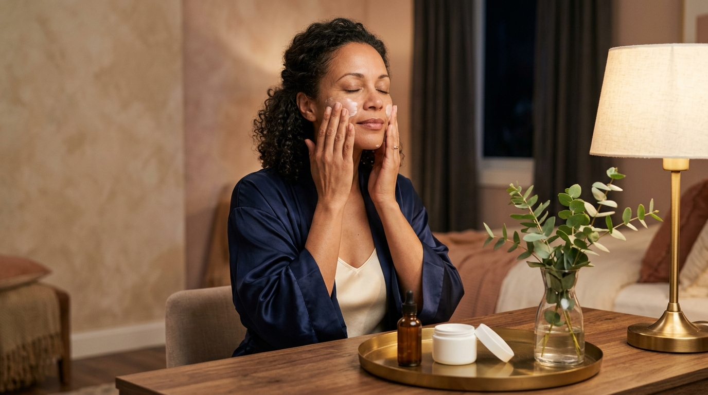 Woman in a navy robe smoothing moisturizer over her cheeks at her vanity in the evening