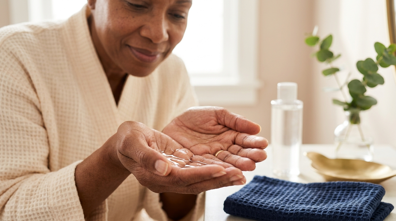 The 5 Best Hydrating Toners and Essences for Thirsty Skin Woman holding a small pool of clear toner in her cupped palm