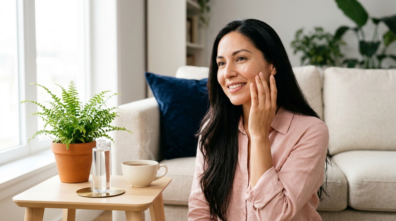 The 5 Best Hydrating Toners and Essences for Thirsty Skin Smiling woman with dewy skin touching her cheek by a bright window