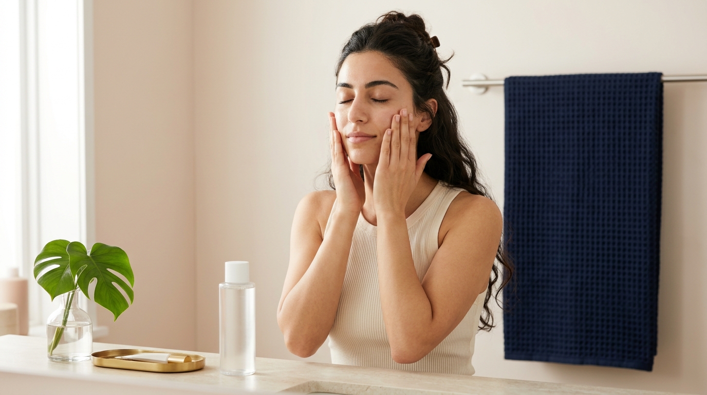 Woman pressing toner into her cheeks in a bright bathroom