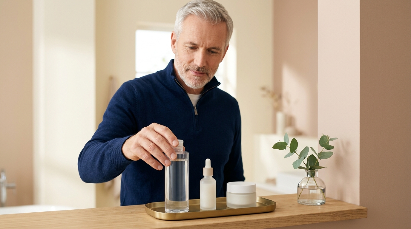 The 5 Best Hydrating Toners and Essences for Thirsty Skin Man lining up a toner, an essence and a cream jar in order on a gold tray